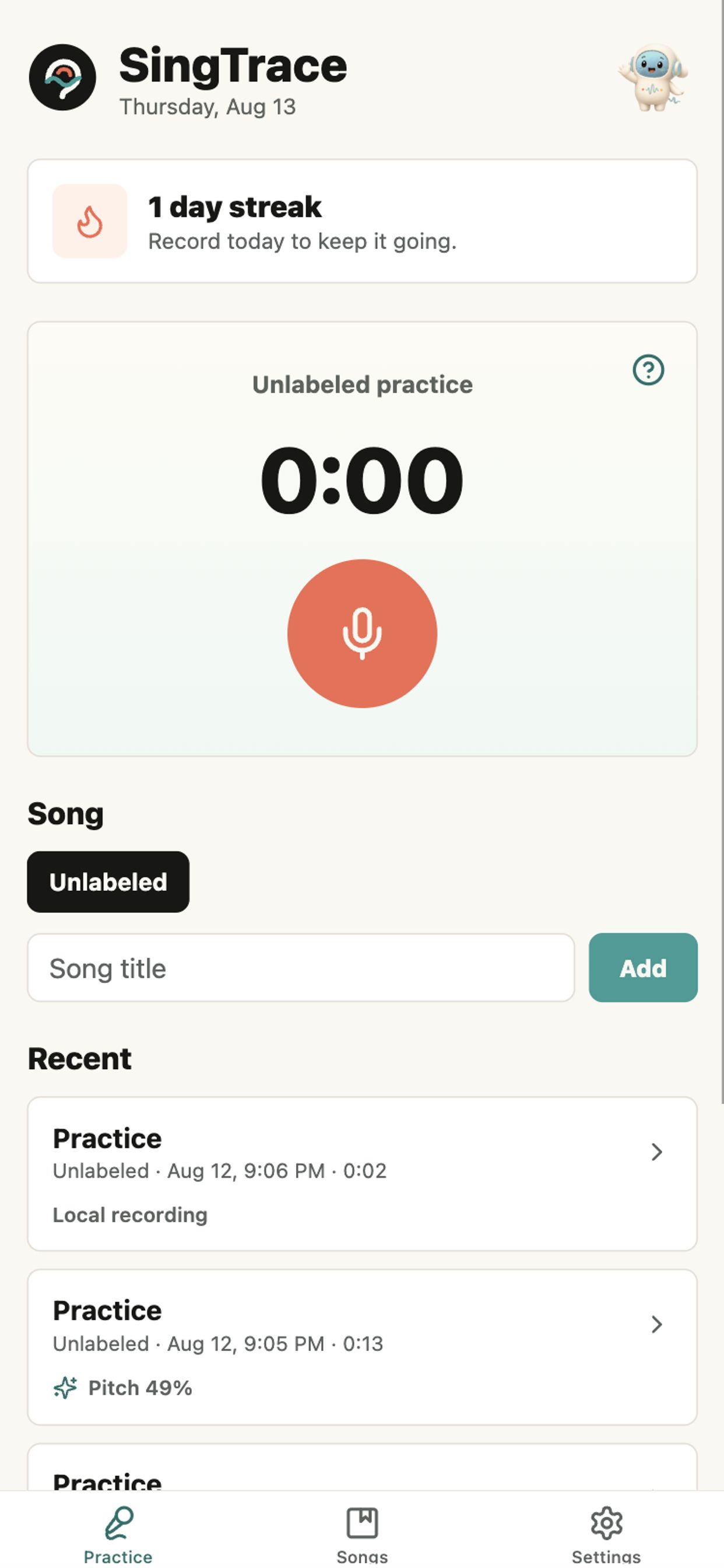 SingTrace practice home with record button and recent takes