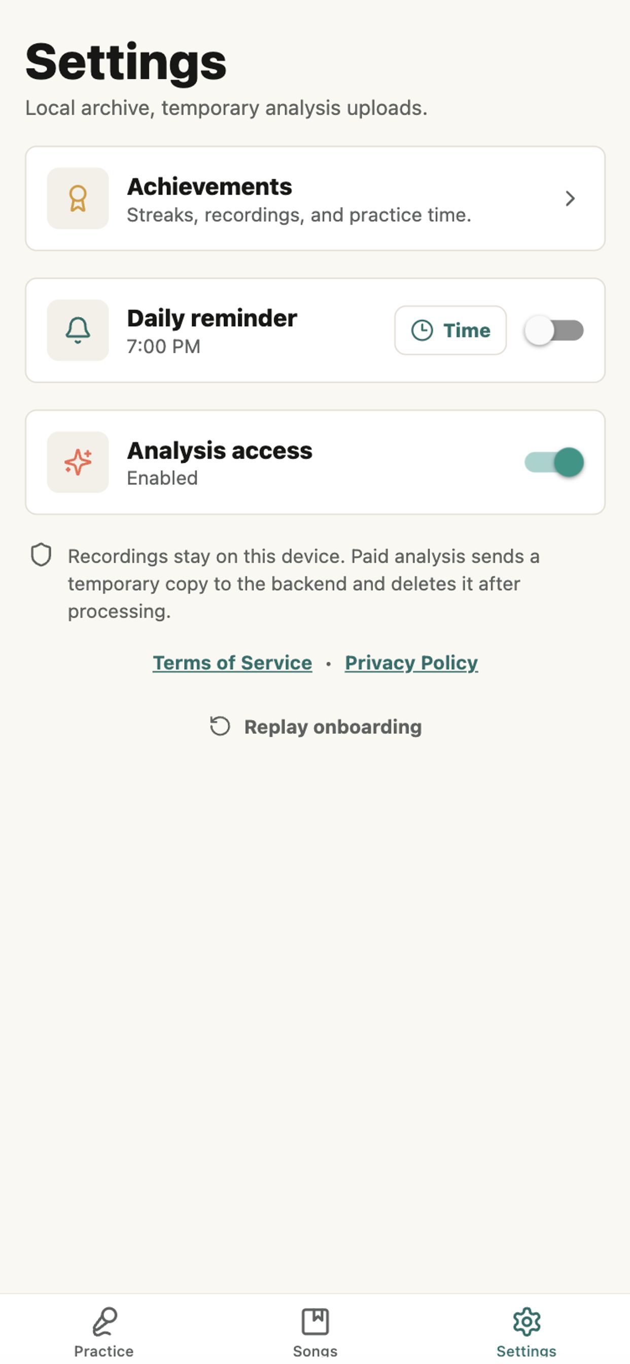 SingTrace settings screen